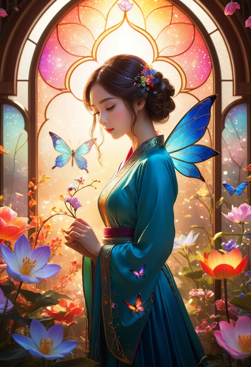 Thousand Flower Glass Style, masterpiece:1.2, best quality, highly detailed CG unity 8K wallpaper, Extremely detailed, Practical:1.37, (best quality,4K,8K,high resolution,masterpiece:1.2), Extremely detailed, (Practical,photoPractical,photo-Practical:1.37), HDR, Ultra HD, Studio Lighting, Super Fine, Clear focus, Physically Based Rendering, Extremely detailed的描述, professional, Bright colors, Bokeh, portrait, landscape, fear, Japanese cartoons, Science Fiction, photography, Concept Artist, Vibrant colors, Soft lighting, Mysterious atmosphere, Luminous elements, Complex patterns, Charming shape, stained glass effect, sparkling reflections, Ethereal Beauty, Dreamy atmosphere, Magic Aura, Fascinating composition, Fairy tale background, Mysterious Creatures, Whimsical atmosphere.