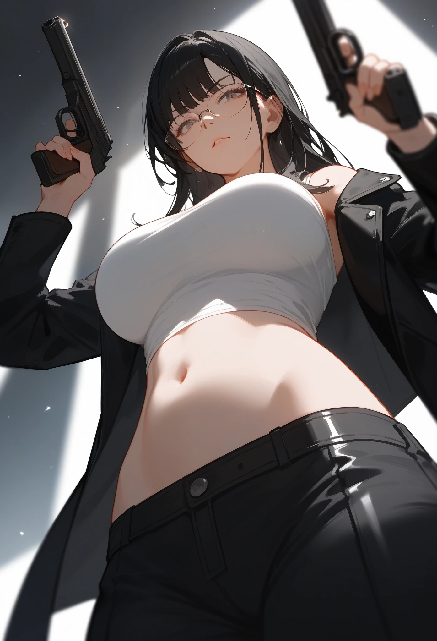 wallpaper，1 woman  in a black suit and a glasses holding a gun in Low Angle，Low Angle，suns，hand Focus，White belly button tank top，Mature evil vibe, bangs, Long hair，Black Hair，齐bangs, leather ppants，Anatomically correct, Eyes on the audience，Contempt，blurry dark background