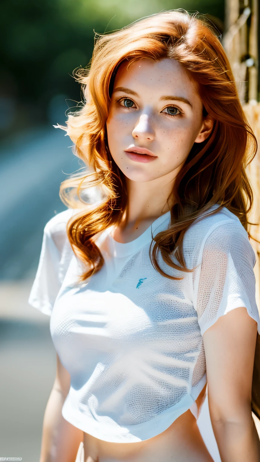 1 girl age 27, full body, wearing short and tshirt, solo, aesthetic artwork, irish redhead, long wavy ginger hair, grayeyes light, some small freckles, pale skin, G-cup, huge breasts, slim body, runners body, (textured skin, skin pores:1,1), (moles:0,8), imperfect skin, (extremely detailed 8K wallpaper),soft lighting, high quality, film grain, fujifilm XT3 sharp focus, f 5.6, 50mm, high detailed, sharp focus, high detailed, complex details, background is bazaar