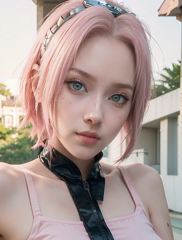 young woman, short shoulder-length pink hair, wide forehead, porcelain skin, pink eyebrows, big emerald green eyes, buttoned nose, full lips, heart-shaped face, slender body, small breasts, red tank top, Sakura Haruno , realistic, realism, details, 3d, well detailed