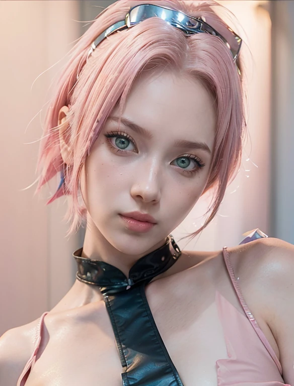 young woman, short shoulder-length pink hair, wide forehead, porcelain skin, pink eyebrows, big emerald green eyes, buttoned nose, full lips, heart-shaped face, slender body, small breasts, red tank top, Sakura Haruno , realistic, realism, details, 3d, well detailed