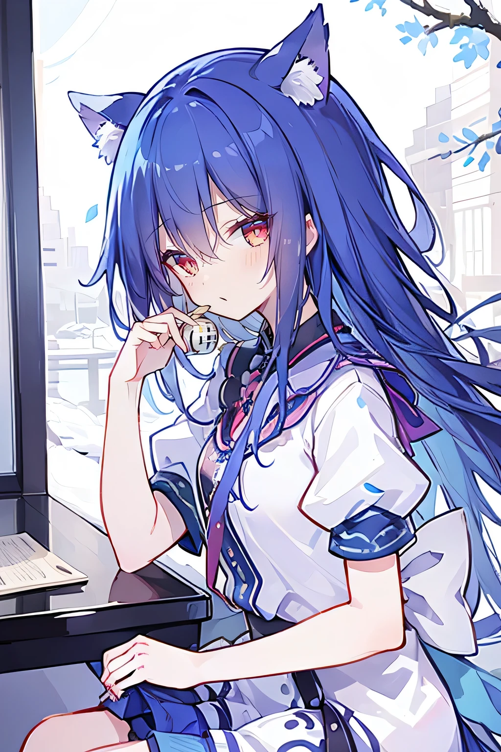 (Masterpiece:1.2),Ultra-detailed,lifelike,The eyes are expressive,Fair skin,Perfect face shape,1 girl,Japanese Manga,Gorgeous blue hair,Flowing blue hair,Flowing clothes,Cat ears,Petals falling,Smile,Tokyo background,background,heavy snow,winter.Highest quality,perfect face,sitting on window sill drinking coffee and looking out the window.
