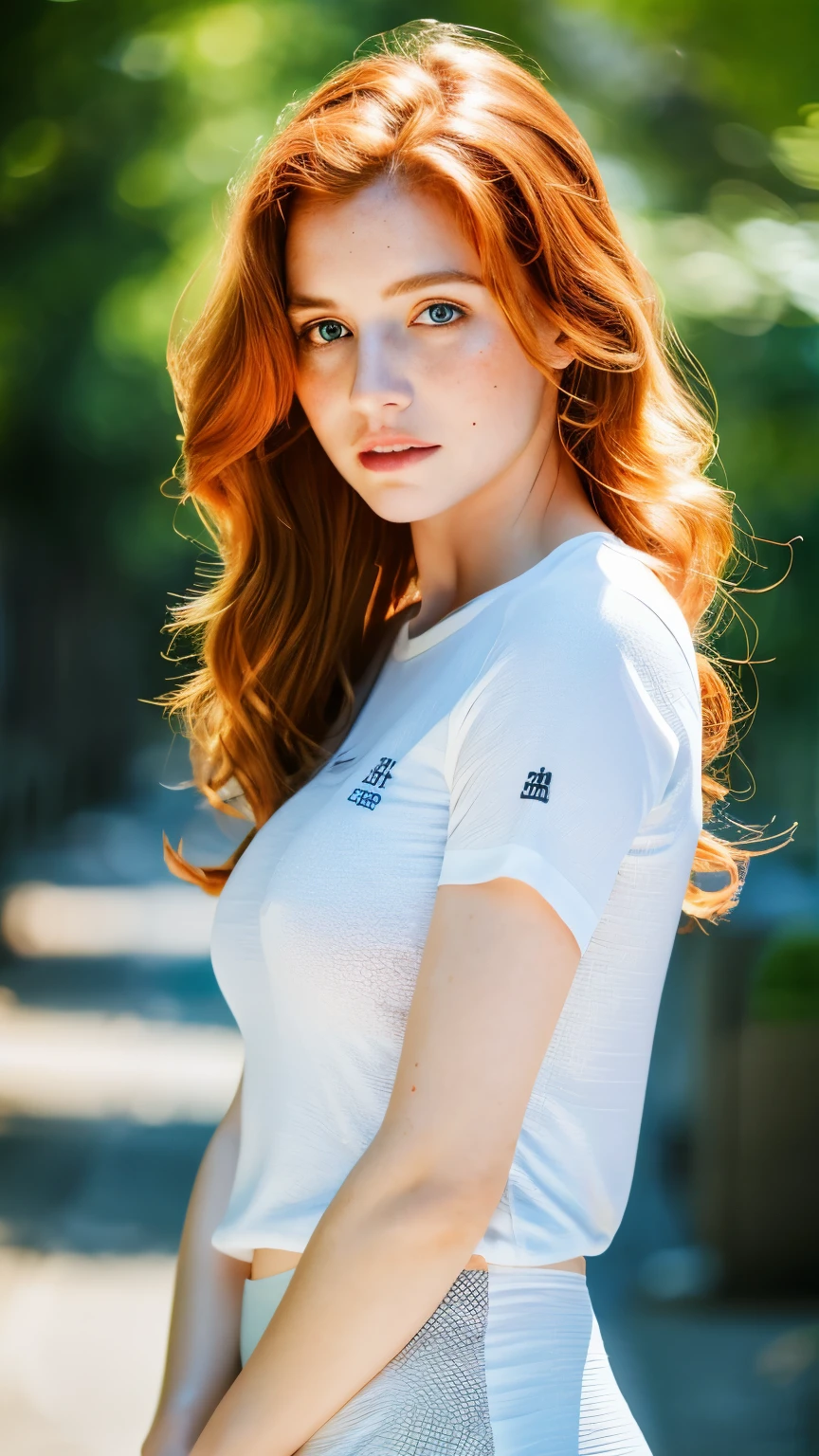 1 girl age 27,  full body, wearing short and tshirt, solo, aesthetic artwork, irish redhead, long wavy ginger hair, grayeyes light, some small freckles, pale skin, G-cup, huge breasts, slim body, runners body, (textured skin, skin pores:1,1), (moles:0,8), imperfect skin, (extremely detailed 8K wallpaper),soft lighting, high quality, film grain, fujifilm XT3 sharp focus, f 5.6, 50mm, high detailed, sharp focus, high detailed, complex details, background is bazaar 