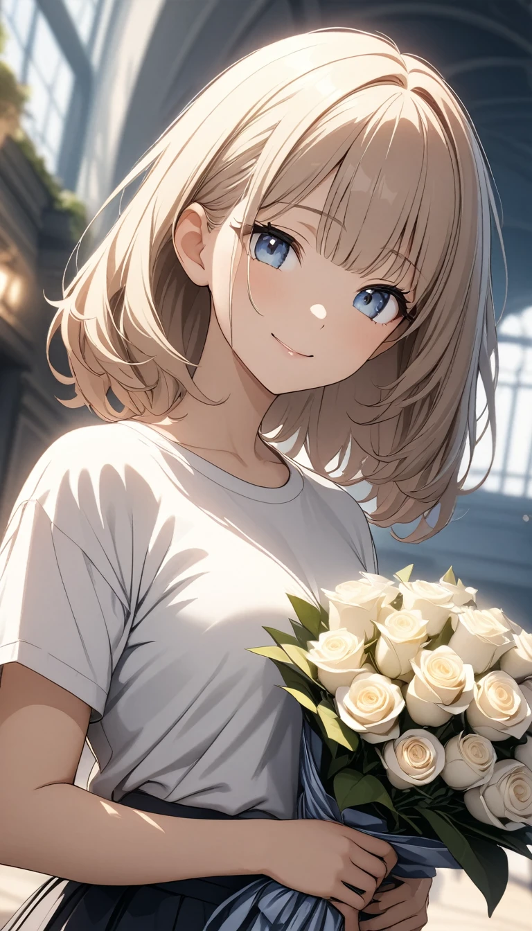 Intermediate View, Medium Shot, Shallow depth of field, Upper Body, angle, masterpiece, Highest quality, Very detailed, CG, 8k wallpaper, Pretty face, Beautiful Eyes, girl, Lonely, smile, bangs, shirt, skirt, Bouquet of white roses