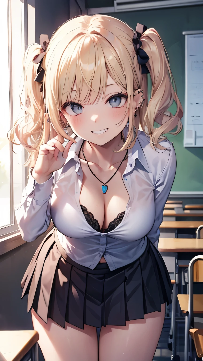(masterpiece、Highest quality、Very detailed))、One girl、gyaru、Blonde、Long Hair、Two Side Up、Grey Eyes、evil smile、((Grin))、((lots of piercing))、Large Breasts、((White collared shirt))、((necklace))、((Black pleated skirt))、((micro miniskirt))、Cowboy Shot、((bent over))、Pretend、Turning your butt off、long from behind、Classroom Background