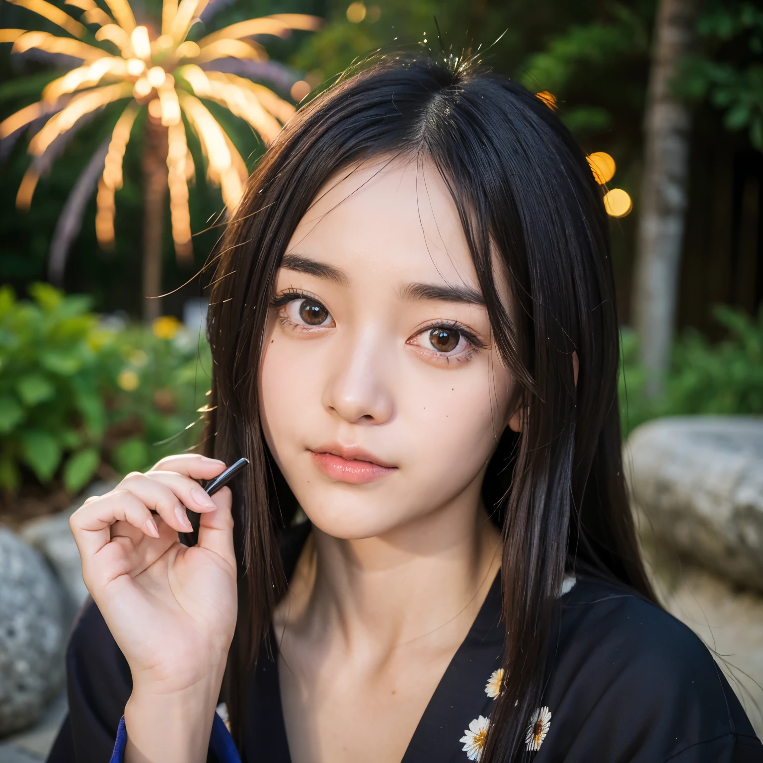 ((masterpiece)), ((best quality)), ((ultra-detailed)),((hyperrealistic)),(japanese cute girl),(shiny skin),1girl,(forehead),black hair,long hair,(black big eyes,tareme,droopy eyes),,dynamic angle,(yukata,kimono),(small breasts),night,(fireworks),