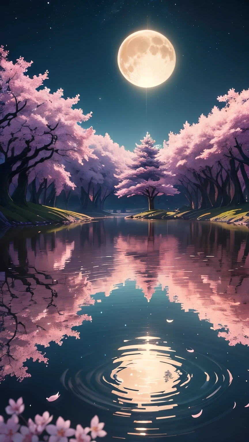 Anime-style representation of a vast, tranquil, and surreal moonlit landscape with wisps of enchanted cherry blossom trees casting intricate light patterns across the water under the reflects a full, vibrant crescent moon, styled after the Venus de Milo statue, reimagined as a massive tree, known as the Tree of Luminance. The trees whisper enchanting melodies, and the watery reflections shimmer with an enigmatic, ethereal glow. This composition effortlessly melds the serenity of a dreamlike landscape with a realistic execution teeming with surprising details, emphasizing sharp features, gradients, and poignant lighting.