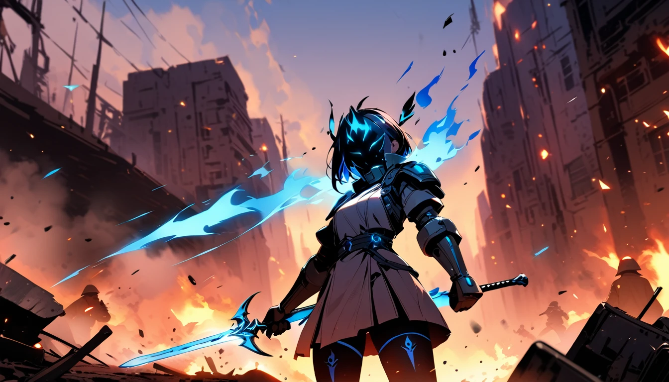 A girl with a sword confronting her enemies, blue flame, masterpiece, best quality, Blurring effect on the surroundings, Front line of the battle field