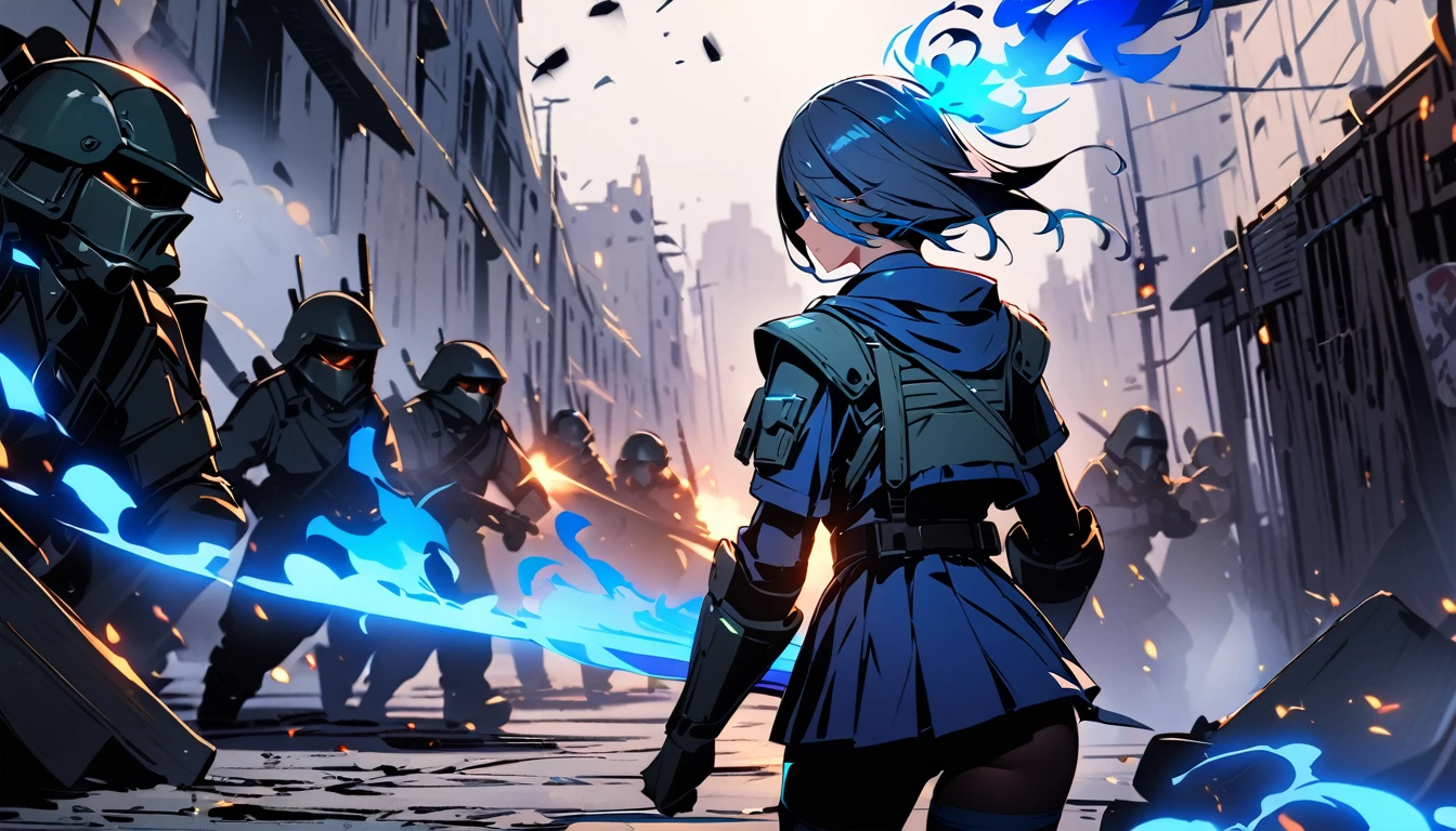 A girl with a sword confronting her enemies, blue flame, masterpiece, best quality, Blurring effect on the surroundings, Front line of the battle field