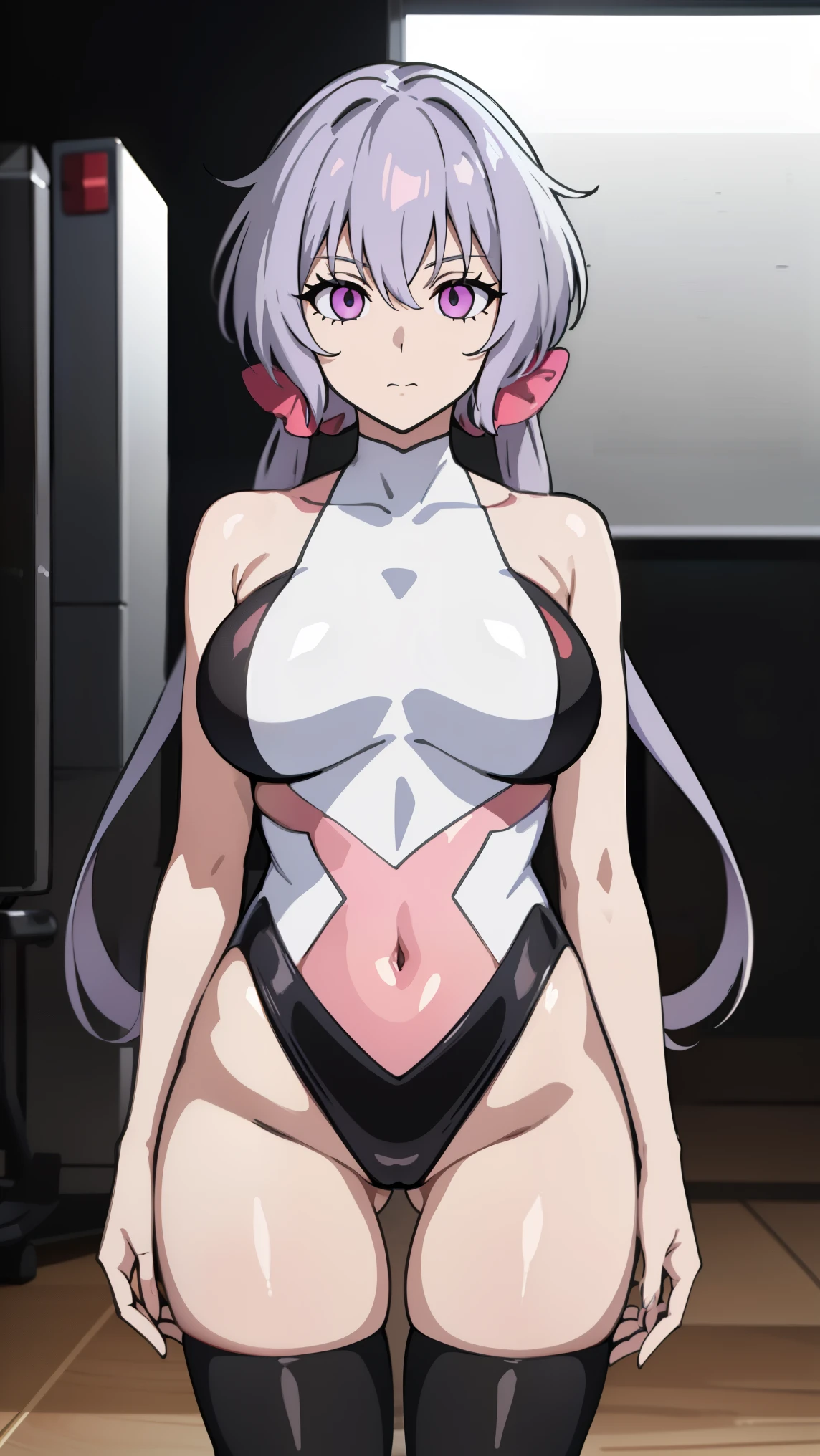 1 female,Browsing Caution, ((graduate School, night)), ((Stand up, salute)), Solo Yukinecris,Light purple hair,Very long hair,low twin tail,Big chest ahoge, (((Black latex tight bodysuit))), clavicle, Hollow Eyes, ((big breasts 1.8)),((hypnotism,Mind control, Sharp eyes)),((With eyes wide open)),(The pupils constrict,Hollow Eyes), brainwashing,Hollow Eyes,(Expressionless, Emotional Removal), Cowboy Shot, (Highest quality、4K、8k、High resolution、Must have:1.2)、Very detailed、(reality、reality、reality:1.37)、Ticker、Hyper HD、Studio Lighting、Ultra-precise Paint、Sharp focus、Physically Based Rendering、Very detailed、Professional specifications、Vibrancy and color、Blurred、Sports portrait、landscape、Horror Style、Anime Big Tits 、sf、photograph、Concept Artist、Five Fingers, Perfect body, {{{masterpiece}}}, {{{Highest quality}}}, {{Very detailed}}, {shape}, {{Very delicate and beautiful}},Improved cost performance、All Roles,