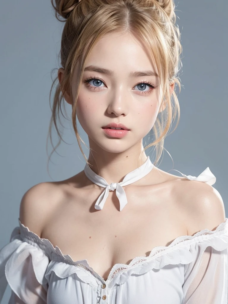 (((Hair Bun、blouse、Off the shoulder、one piece、White Background)))、amount、Northern Europe、Russia、beautiful girl、Platinum Blonde Hair、Straight Long Hair、Hitting the face and front of the eyes、Big Blue Eyes、Sheer white and wet nightgown、Northern Europeの若者、Perfect body、White tendon、Glowing Skin、Young and beautiful skin、A perfect and beautiful little face、Bright makeup、Pale pink lips、Bright expression、、lipstick、Deceptive advertising、Audience'Vision、Golden Hour Lighting、Bokeh Atmosphere Perspective、detailed、Movie Light、複雑なdetailed、High resolution、 フェイスデザインのdetailedな特徴、Attention to detail、Clear focus、Smoothness、aesthetics、Printed、Octane、{{masterpiece}}