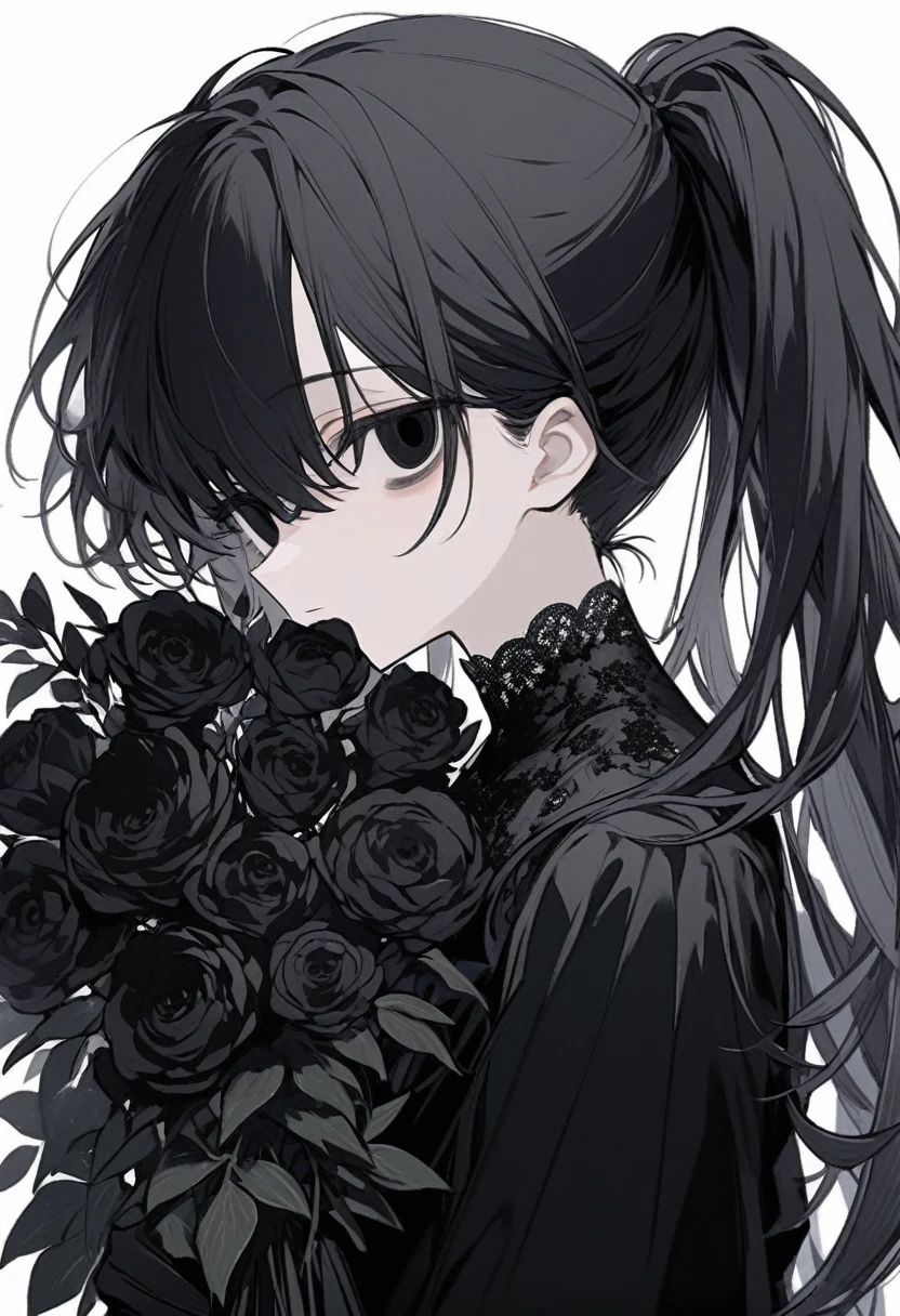 So COOL、profile、very BLACK、((((hold very BLACK Bouquet))))、💐💐💐💐💐💐💐💐💐💐💐、Illustration where the pupil does not overlap the lower lash line, The lower half of the eye is white, vacant eyes, black eyes、Upper Body, pony tail Hair、very BLACK dress、White background、front、look at me