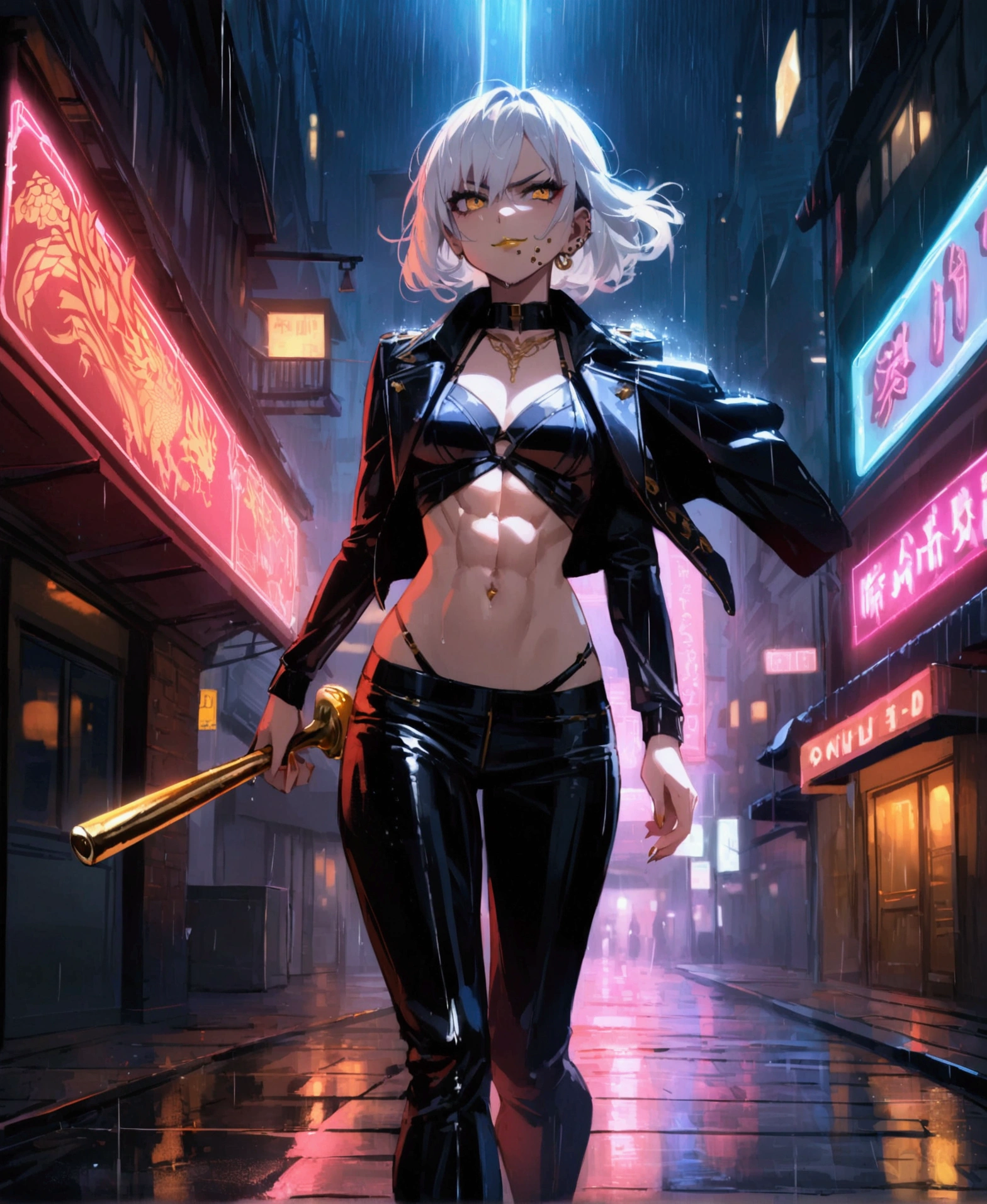 (anime women), dark outfit with red and blue details, white hair, (golden dragon eyes) standing in a rain soaked, city street at night, cinematic lighting (best quality:1.2)detailed, neon lights, vivid colors,bokeh, angry looking face with smirk on mouth, piercing, ABS, ((face piercing)), gaze, 4k, particles in the air, powers, amazing art work full of details, dynamic movement, (gold lips), ((stands)) on a roof of the car) with gold baseball bat in her hands laying on her shoulder
