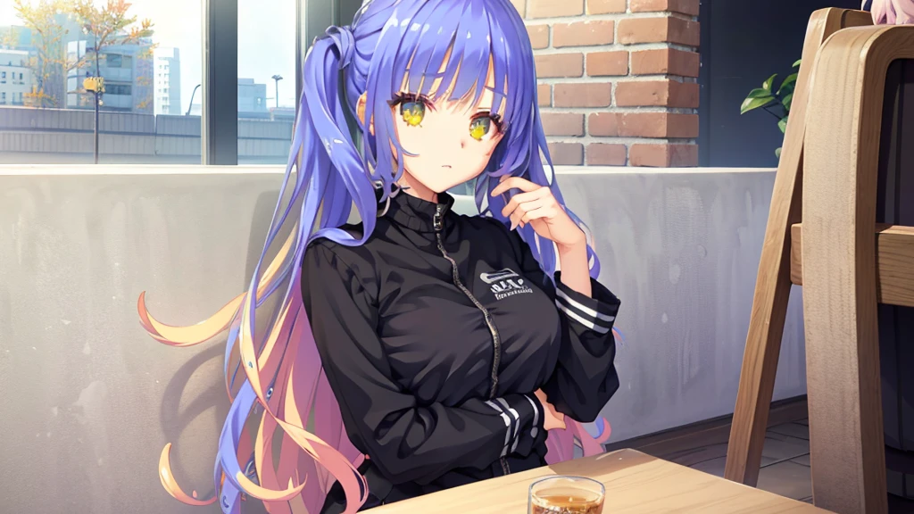 ((masterpiece)),(best quality),Official Art,Extremely detailed CG,Unity 8K wallpaper,Very detailed,Beautiful and delicate eyes,Extremely detailed face,1 girl,solitary,,(whole body:1.5),autumn,Black and white jacket,Sitting on a chair in a cafe drinking coffee,What are you thinking about?