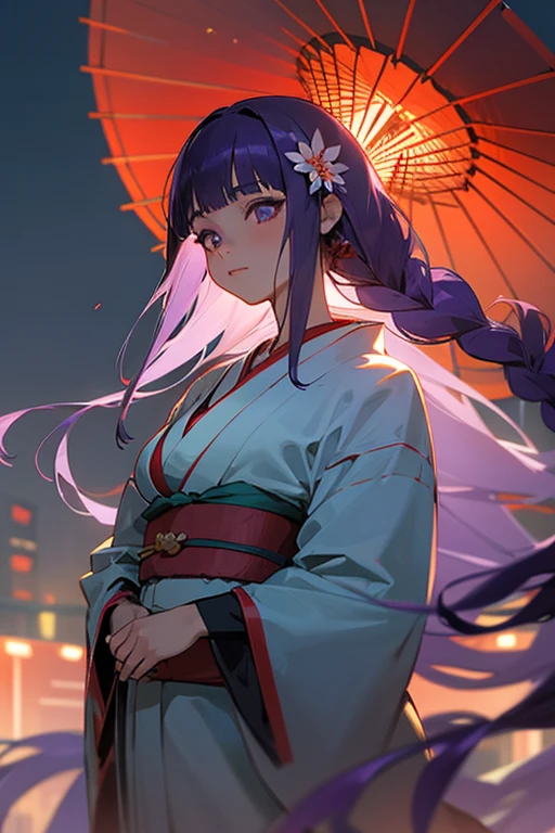 1 girl, Blunt bangs, Braiding, Wide sleeves, hair ornaments, kimono, Says Obi, (Purple Hair:1.2), Very long hair, Straight hair, Looking at the audience, Highly detailed background, (Realistic:1.2), Beautiful Eyes, Red eyeshadow, Written boundary depth,thigh, (Urzan-6500:0.7), Upper Body, (alone:1.2), (Cyberpunk City:1.1), Cleavage, Glowing Skin、Hair blowing in the wind、flower、((Summer festival))