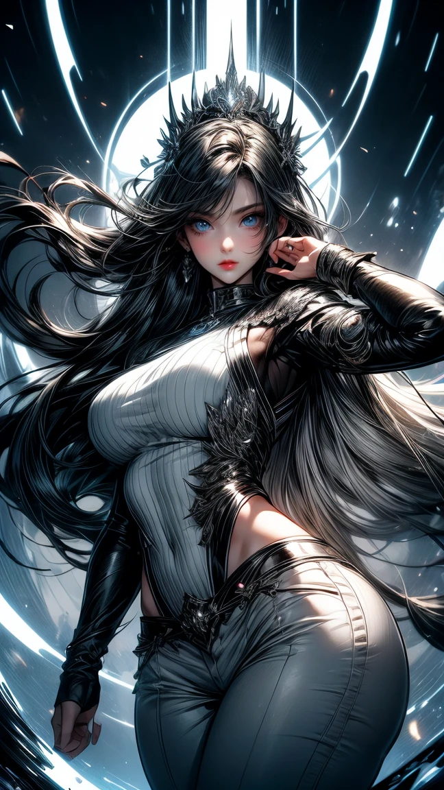 Masterpiece, best quality, high resolution, highly detailed, female, ung woman ( early twenties ), Pretty face, black hair mixed with white long flowing hair, pay attention to the hair full of a mixture of black and white, black and white hair ( black hair with several white strands), sky blue eyes ( glowing eyes ), slightly smiling expression, pale white skin, toned physique, wearing a grey top, and white pants, black watch, surrounded by the splendors of the earth, wearing a black top and beautiful clothes,has the power to control flames, pay attention to stunning details, and achieve a resolution of 128k, floating in a dynamic pose, high quality, with a majestic aura of authority.
