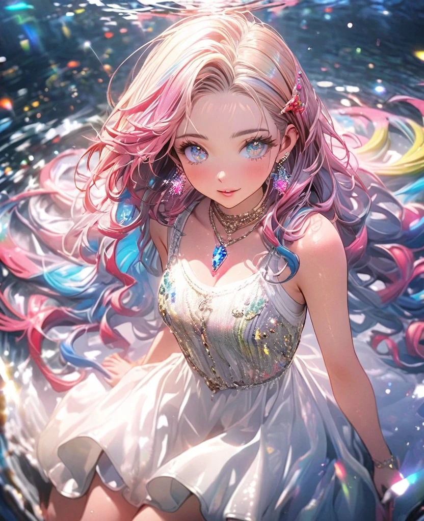 8K,gal，an extremely delicate and beautiful,Beautiful and realistic skin,Shiny jewel-like earrings,Shine like glitter long colorful hair,beautiful eyes,full body,knit dress