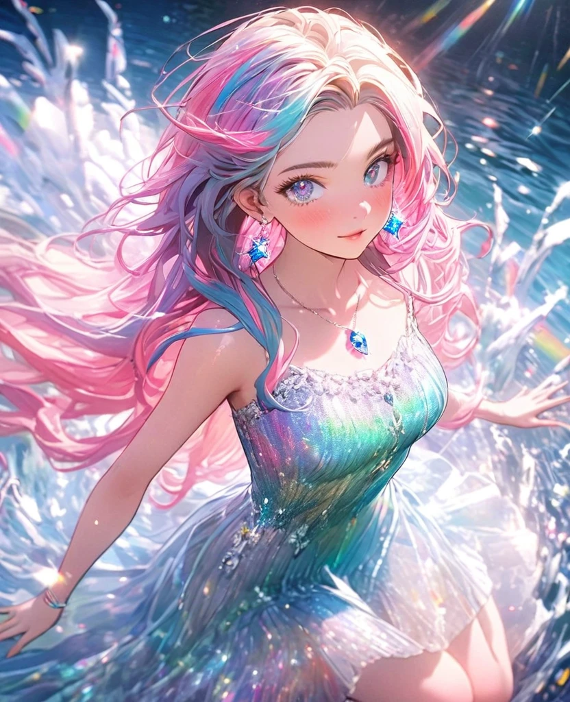 8K,gal,an extremely delicate and beautiful,Beautiful and realistic skin,Shiny jewel-like earrings,Shine like glitter long colorful hair,beautiful eyes,full body,knit dress