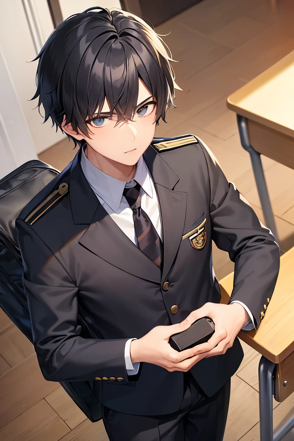 Handsome Teenager Boy with Uniform with Black hair In the School