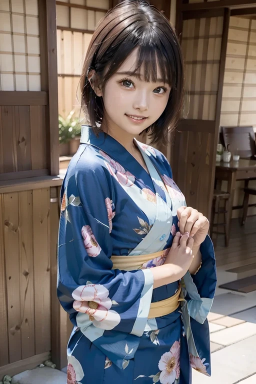 girl in blue floral yukata robe, wave at the camera, wave hands(8k, top quality, high definition, the best masterpiece, childish face, , small breasts, balance carefully, I'm watching my audience, big eyes, bilateral symmetrical eyes, laugh showing teeth, yukata, Japan kimono, blue floral kimono, blue floral yukata with one hand lightly raised and waving, realistic skin, hydrated skin, perfect model body type, photorealistic, raw photo, super cute, Upper body image, front pose)