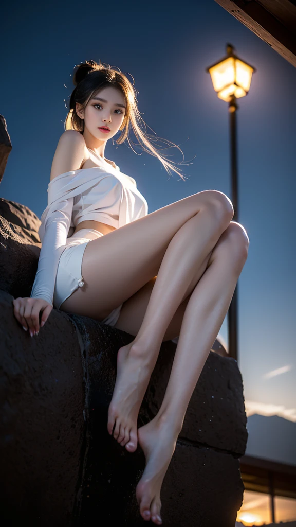 (masterpiece, best quality:1.2), 1 Girl, Solitary, ((gufeng,Bare shoulders)), On the top of the mountain，moonlight，((night)), ((whole body)), ((From below)), ((Sitting, Sitting on the edge of a cliff)), Heroine Image，Slender sexy legs，Very beautiful legs，Leaking sexy legs，Large Breasts，beauty, mystery。Exquisite facial beauty，Otherworldly beauty。The bridge of the nose is straight，Cherry lip color，Confident and calm。Well-defined facial contours，Skin like jade，Light and delicate makeup，Show her temperament and charm。Light foundation, Skin transparency，Perfect eyebrow shape，Eye Makeup,Eyeshadow,Eyeliner，Brighter eyes、Energetic。Put on grace lipstick，Charm and sophistication。grace别致的衣服，Clothes fluttering，Blown up by the wind，Drifting away。grace，Swinging action。Hair tied haphazardly behind the head，Secure with a jade hairpin，Strands of hair fluttering gently in the wind，beauty的风景，Attract attention。beauty、grace、mystery