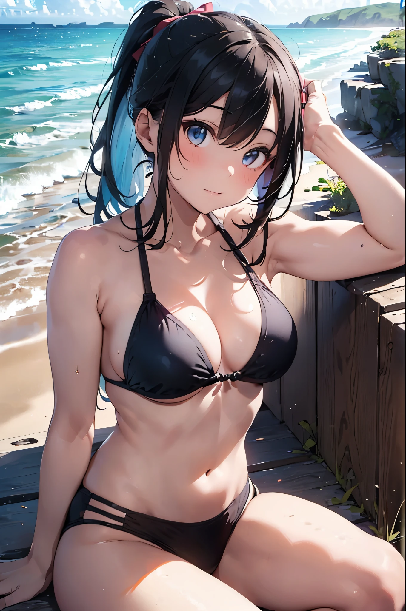 High resolution,topless、
One beautiful young woman,Light blue hair、ponytail、
(Soft Saturation:1.3), (Fair skin:1.2),
(ultra-Detailed Background, Detailed Background), Bokeh,
break&#39;Portrait of a smiling girl.,
When viewed from the front, The composition is symmetrical,
Looking straight at you with serious eyes,
break Swimwear, White Bikini, Center of chest, 
Outdoor, Sea surface, null, sunlight,Summer beach, Sandy Beach,
Strong light, Front lighting, 
(Teen:1.3), (Cowboy Shot:1.2),
Front brake angle,
View your viewers,
Dynamic pose,
sitting on the beach

Seaweed、Seaweed、Seaweed、Seaweed、Seaweed、Seaweed、Seaweed、