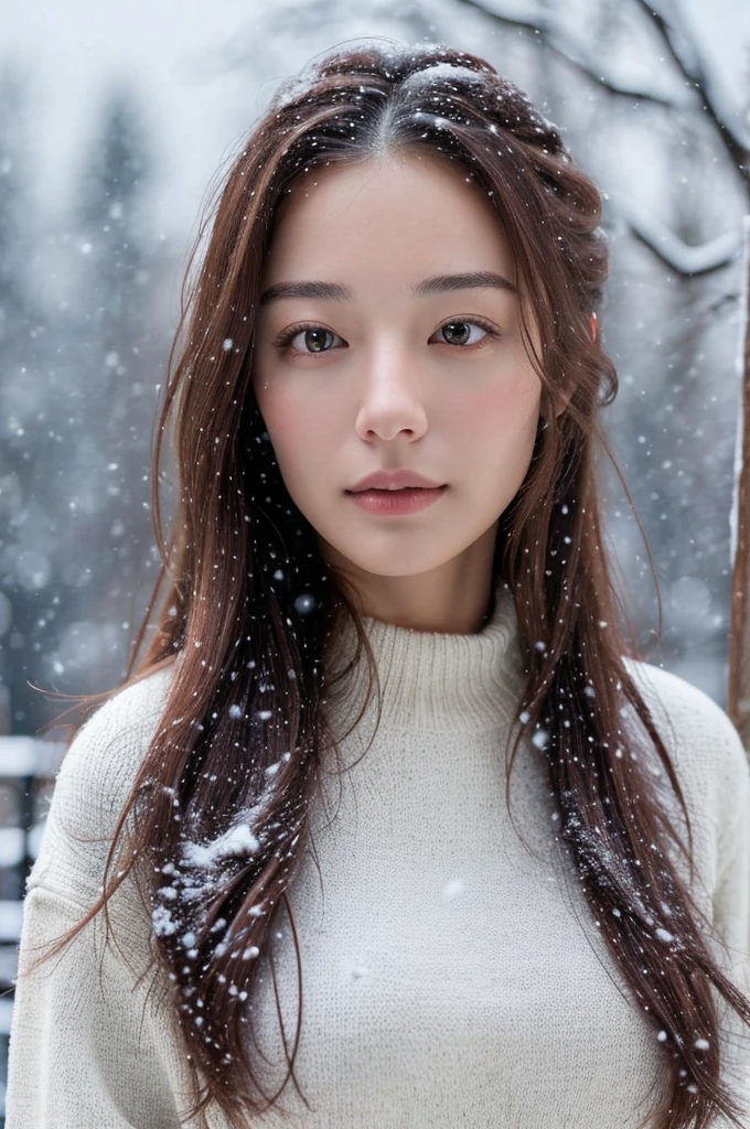 (masterpiece:1.35),(best-quality:1.4),8k,ultra-detailed,photography,(ultra-realistic:1.4), adult girl, long hair, sweater, snowing background,