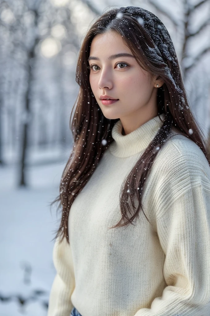 (masterpiece:1.35),(best-quality:1.4),8k,ultra-detailed,photography,(ultra-realistic:1.4), adult girl, long hair, sweater, snowing background,