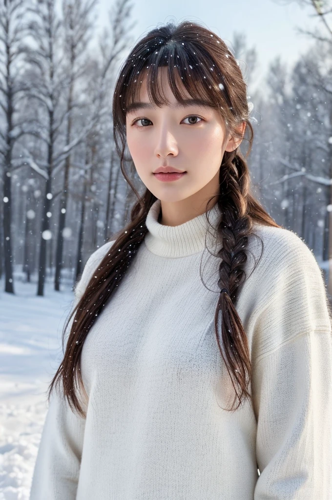 (masterpiece:1.35),(best-quality:1.4),8k,ultra-detailed,photography,(ultra-realistic:1.4), adult girl, long hair, sweater, snowing background,