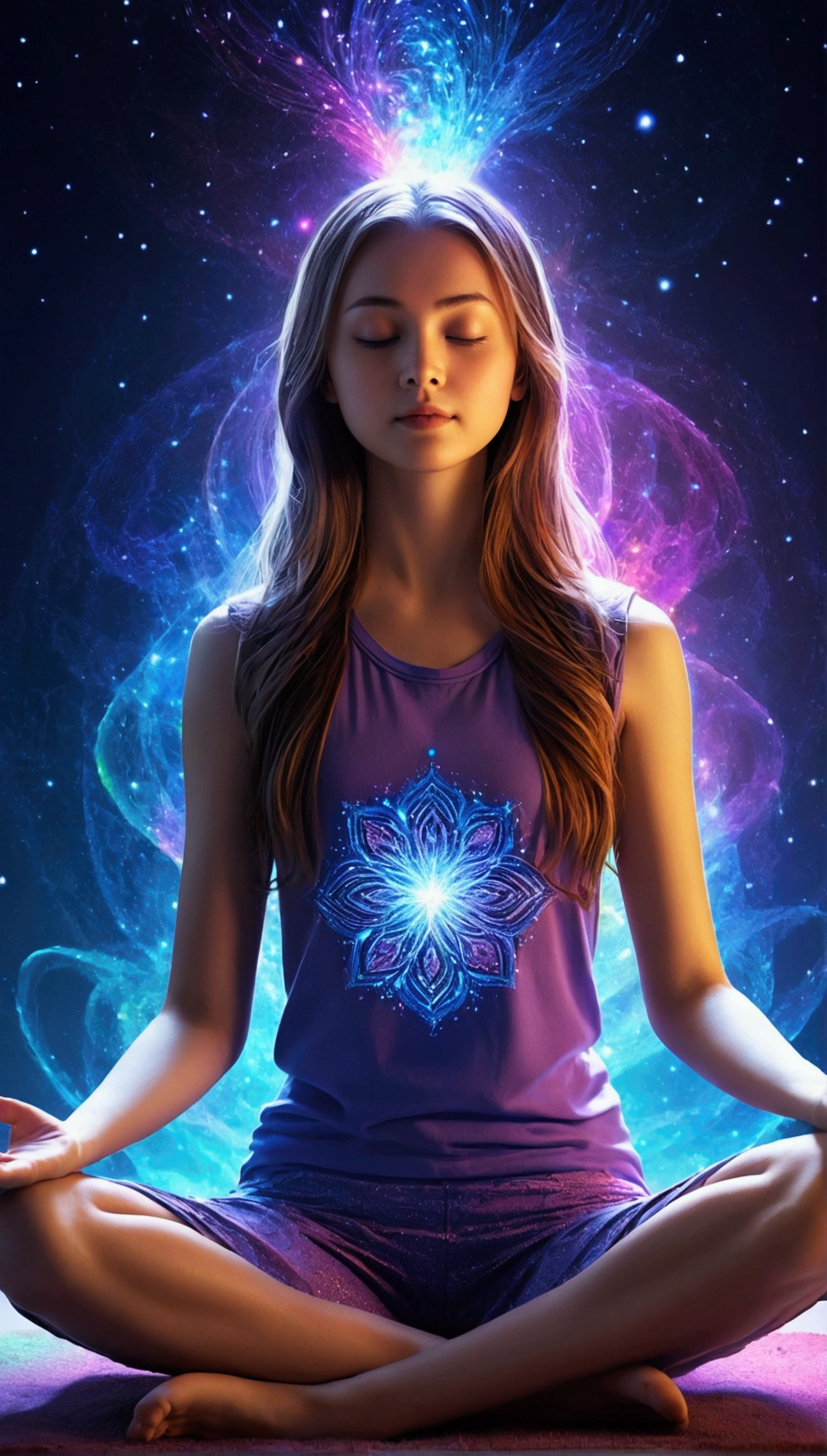 A young girl，Cross-legged meditation, In the center，Very bright colors, Light Particles, Luminescence, Mushf, Wallpaper Art, Ultra HD Wallpaper