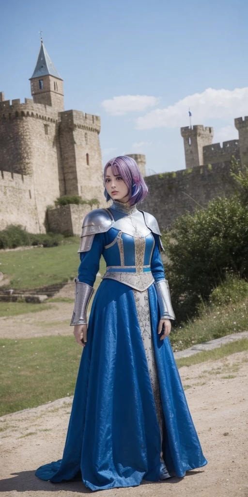 a group of women with colored hair and detailed medieval paladin dress armor, standing, medieval city with castle background