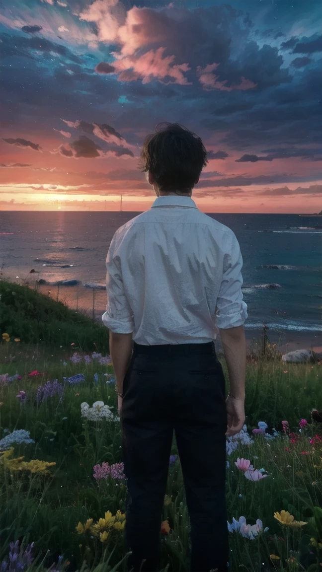 a big of sad boy , anime style,standing near the sea beach in the distance, wearinng simple button shirt with pant from behind,dress colour is visible, shadow of boy, clear back head back body, looking at the vast sky, clouds, sunset colourful sky weather,aurora borealis, colourful flowers in souroundings before sea milky way, the scene is dominated by vast sky.