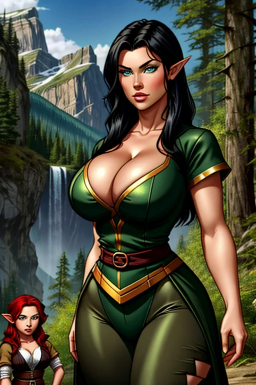 Two dwarf females, one with black hair and blue eyes and the other with red hair and green eyes, both are robust females, both with large breasts ((with cleavage)), both with wide hips,Two dwarf females, one with black hair and blue eyes and the other with red hair and green eyes, both are robust females, both with large breasts ((with cleavage)), both with wide hips,Both have thick thighs, both have green skin, both with pointy ears,they are beautiful ,but arrogant, forest scenery,they both wear tight adventurer clothes, they are both females ((SFW))