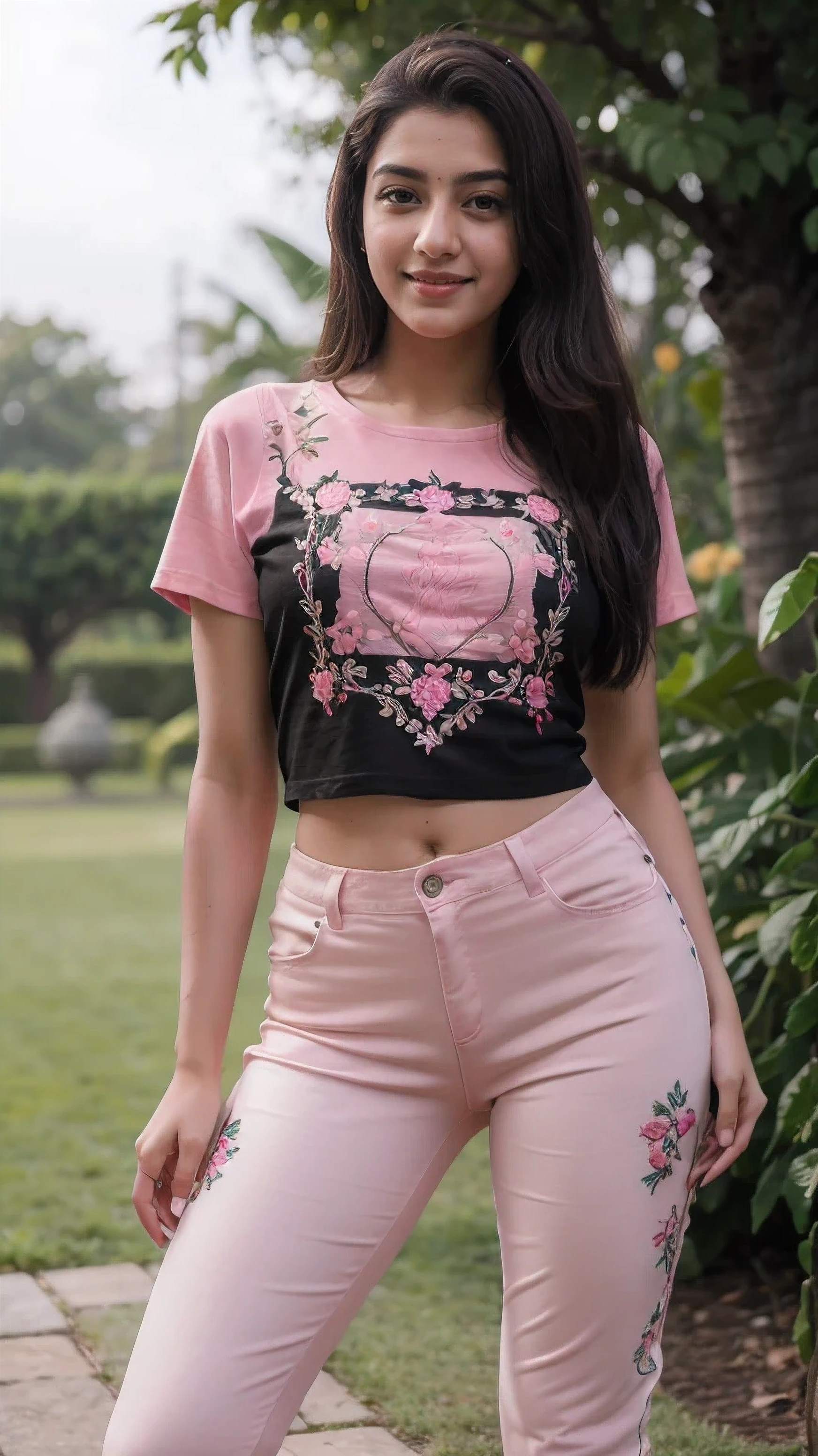 21 yo women Ananya Pandey wearing embroidery printed Pink tshirt black jeggings body fit clothes garden full body ((Bant knee photography poses)) sweet smile perfect anatomy realistic realism ultra detailed eye ultra detailed face 8k