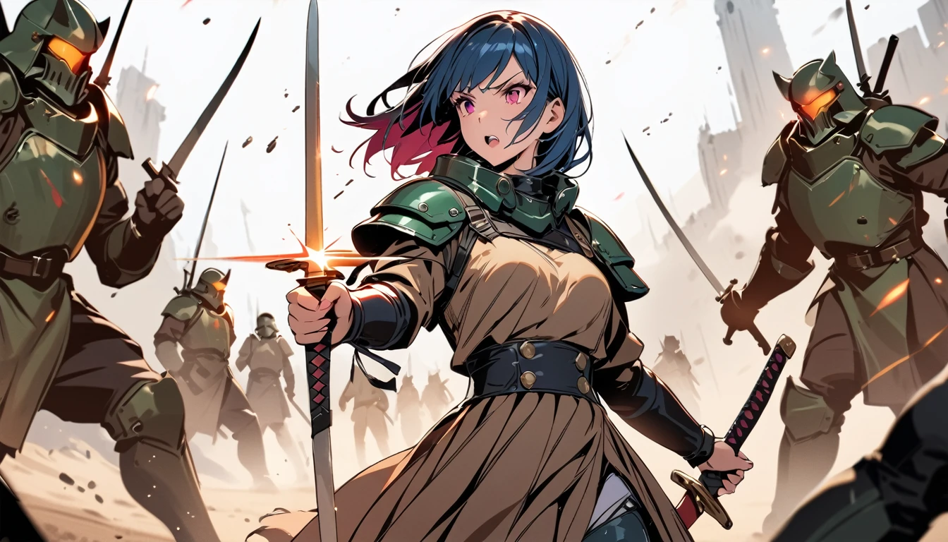 A girl with a sword confronting her enemies, masterpiece, best quality, Blurring effect on the surroundings, Front line