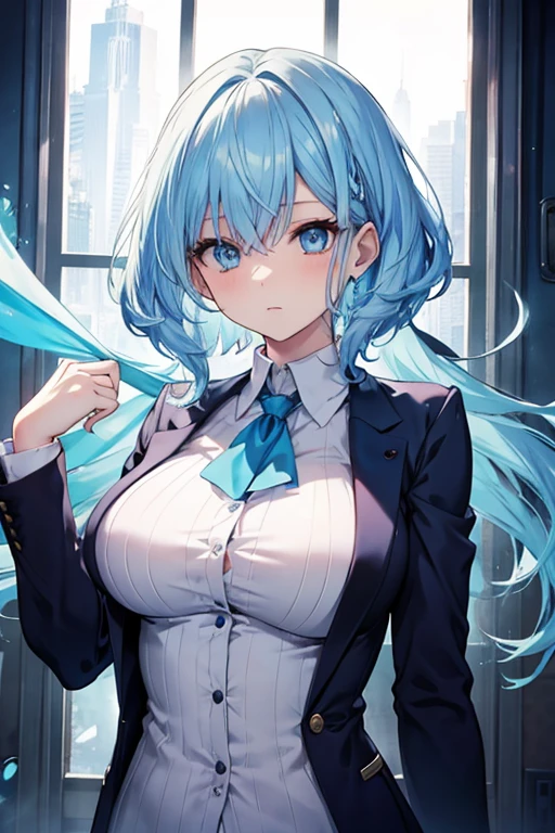 <lora:furina:1>furina, 1girl, solo, long hair, looking at viewer, blush, smile, blue eyes, simple background, long sleeves, white background, jewelry, blue hair, upper body,white hair, streaked hair, symbol-shaped pupils, collarbone, collared shirt, office lady, black pant, arms behind back, shirt tucked in, folded sleeves, large breasts, parted lips , partially unbuttoned, cleavage