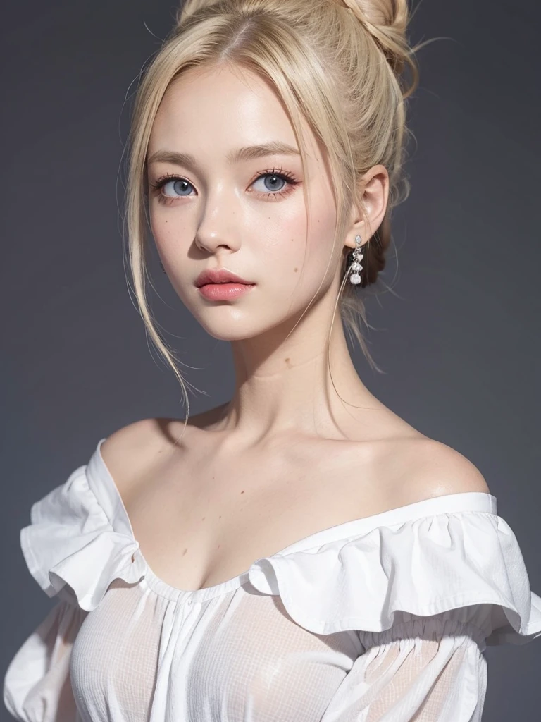 (((Hair Bun、blouse、Off the shoulder、one piece、White Background)))、amount、Northern Europe、Russia、beautiful girl、Platinum Blonde Hair、Straight Long Hair、Hitting the face and front of the eyes、Big Blue Eyes、Sheer white and wet nightgown、Northern Europeの若者、Perfect body、White tendon、Glowing Skin、Young and beautiful skin、A perfect and beautiful little face、Bright makeup、Pale pink lips、Bright expression、16-year-old girl、lipstick、Deceptive advertising、Audience&#39;Vision、Golden Hour Lighting、Bokeh Atmosphere Perspective、detailed、Movie Light、複雑なdetailed、High resolution、 フェイスデザインのdetailedな特徴、Attention to detail、Clear focus、Smoothness、aesthetics、Printed、Octane、{{masterpiece}}