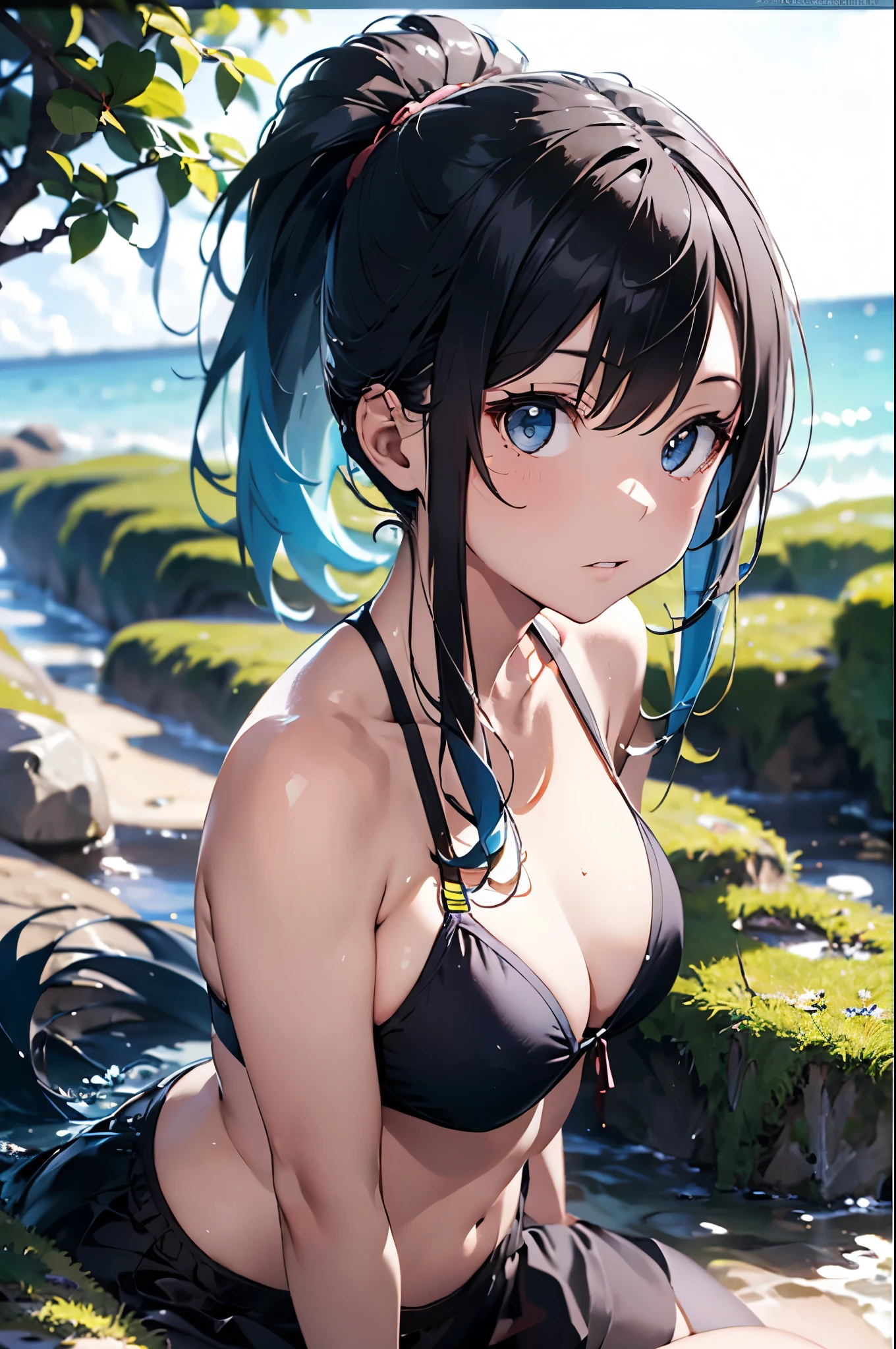 High resolution,topless、
One beautiful young woman,Light blue hair、ponytail、
(Soft Saturation:1.3), (Fair skin:1.2),
(ultra-Detailed Background, Detailed Background), Bokeh,
break&#39;Portrait of a smiling girl.,
When viewed from the front, The composition is symmetrical,
Looking straight at you with serious eyes,
break Swimwear, White Bikini, Center of chest, 
Outdoor, Sea surface, null, sunlight,Summer beach, Sandy Beach,
Strong light, Front lighting, 
(Teen:1.3), (Cowboy Shot:1.2),
Front brake angle,
View your viewers,
Dynamic pose,
sitting on the beach

Seaweed、Seaweed、Seaweed、Seaweed、Seaweed、Seaweed、Seaweed、