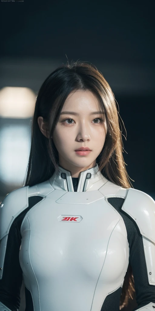 masterpiece, best quality, ultra realistic, hyper-detailed, 8k resolution, RAW photo, sharp focus, (1girl), solo, gorgeous face, perfect body, mature female, 25yo, portrait, mecha, white armor, nanosuit, sexy, messy hair, cinematic, cinematic light, dark theme
