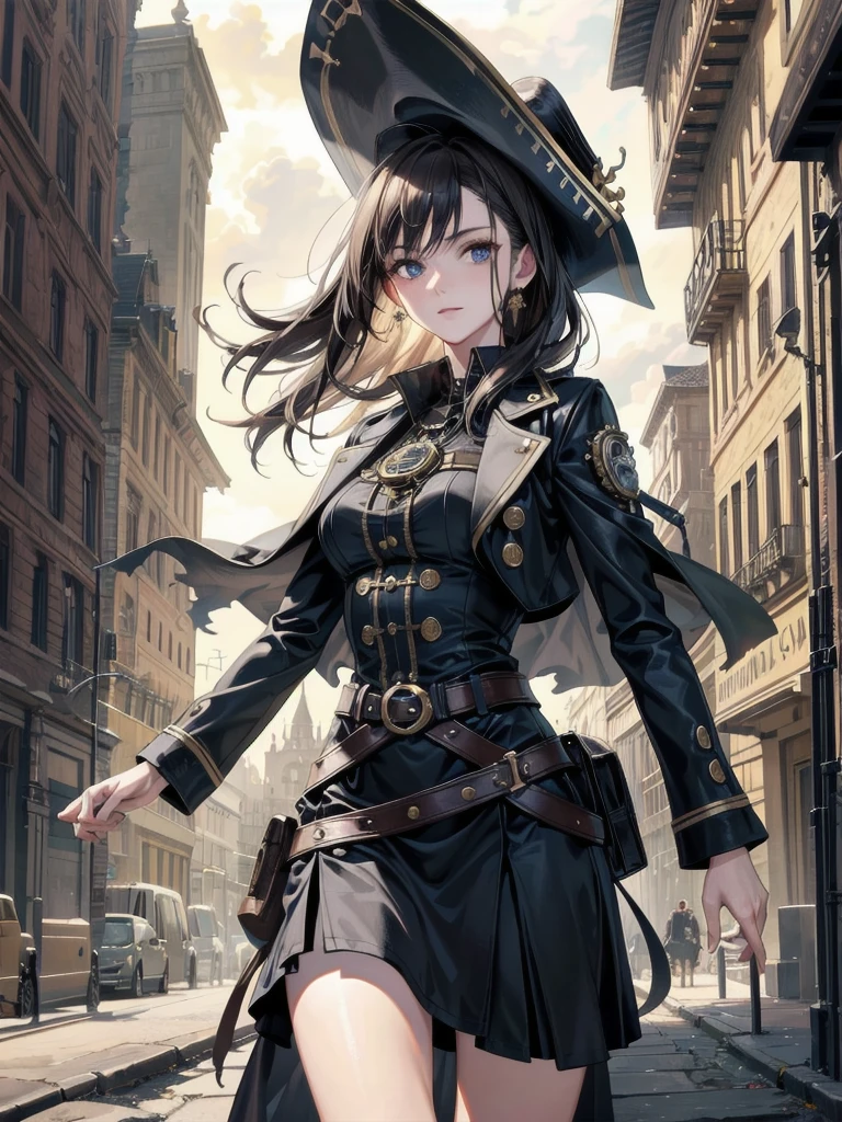 absurdres, RAW photo, extremely delicate and beautiful, masterpiece, Best Quality, ultra high resolution, 32k, hyperrealistic, ultra-detailed, Very detailed CG 8k wallpaper, detailed background, landscape, Beautiful Lighting, Perfect Lightning, Realistic Shadows, perfect ???????, anatomically correct, perfect figure, Perfect Style, Perfect balance, super Detailed skin, in her 30s, very Slim body, narrow waist, very small head, very small face, delicate facial features, handsome detailed woman, very detailed eyes and face, realistic face proportions, Realistic beautiful face, Realistic beautiful eyes, tearful mole, earring, whole body shot, very huge round tits, medium hair, asymmetrical hair, outdoor, Practical pirate clothing, Long-sleeved pirate top, Skirt, torn pirate hat, a steampunk-style city floating in the sky, clouds and diverse architecture, exuding mystery and technology,