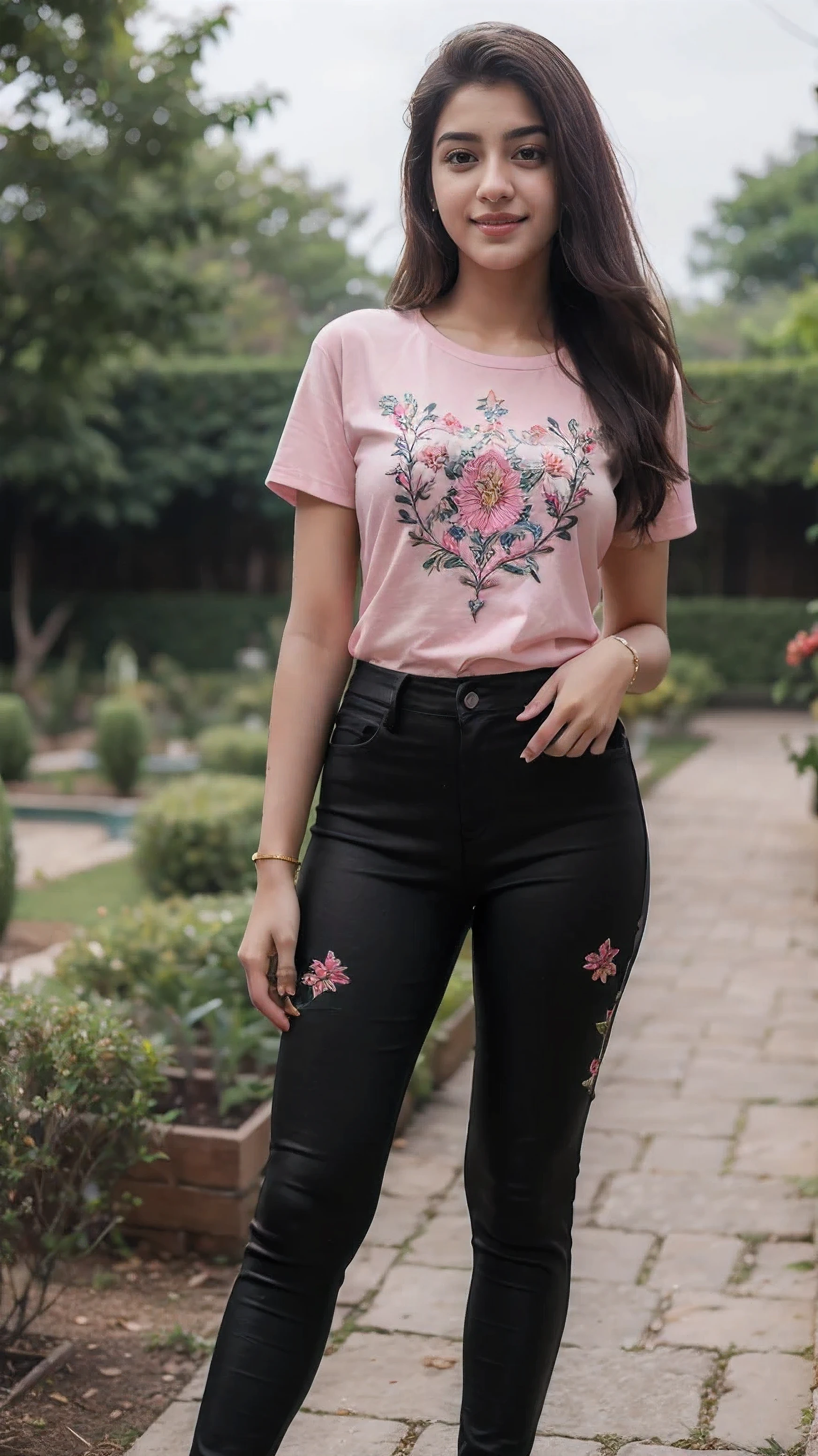 21 yo women Ananya Pandey wearing  embroidery printed Pink tshirt black jeggings body fit clothes garden full body hand fix hair pose sweet smile  perfect anatomy realistic realism ultra detailed eye ultra detailed face 8k