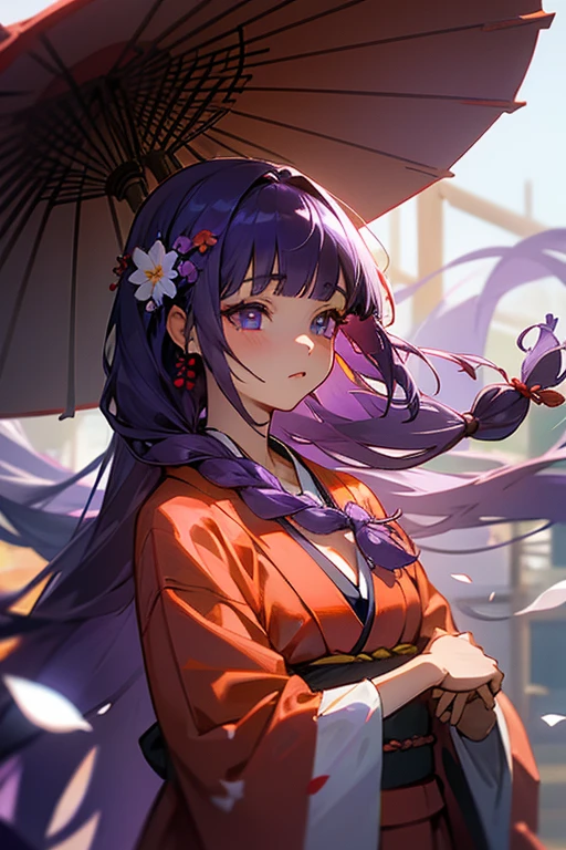 1 girl, Blunt bangs, Braiding, Wide sleeves, hair ornaments, kimono, Says Obi, (Purple Hair:1.2), Very long hair, Straight hair, Looking at the audience, Highly detailed background, (Realistic:1.2), Beautiful Eyes, Red eyeshadow, Written boundary depth,thigh, (Urzan-6500:0.7), Upper Body, (alone:1.2), Cleavage, Glowing Skin、Hair blowing in the wind、flower、((Summer festival))、((yukata)).
