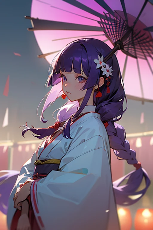 1 girl, Blunt bangs, Braiding, Wide sleeves, hair ornaments, kimono, Says Obi, (Purple Hair:1.2), Very long hair, Straight hair, Looking at the audience, Highly detailed background, (Realistic:1.2), Beautiful Eyes, Red eyeshadow, Written boundary depth，thigh, (Urzan-6500:0.7), Upper Body, (alone:1.2),  Cleavage, Glowing Skin、Hair blowing in the wind、flower、((Summer festival))、((yukata)).