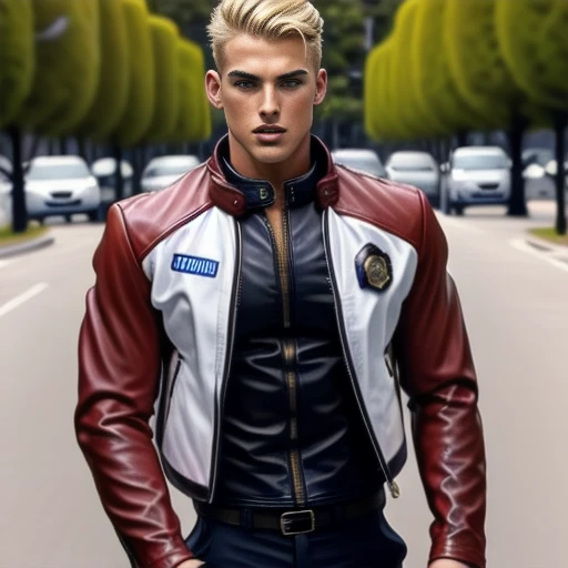 Blonde, leather jacket, police uniform, handsome young man, busty beauty, restrained, looks frustrated