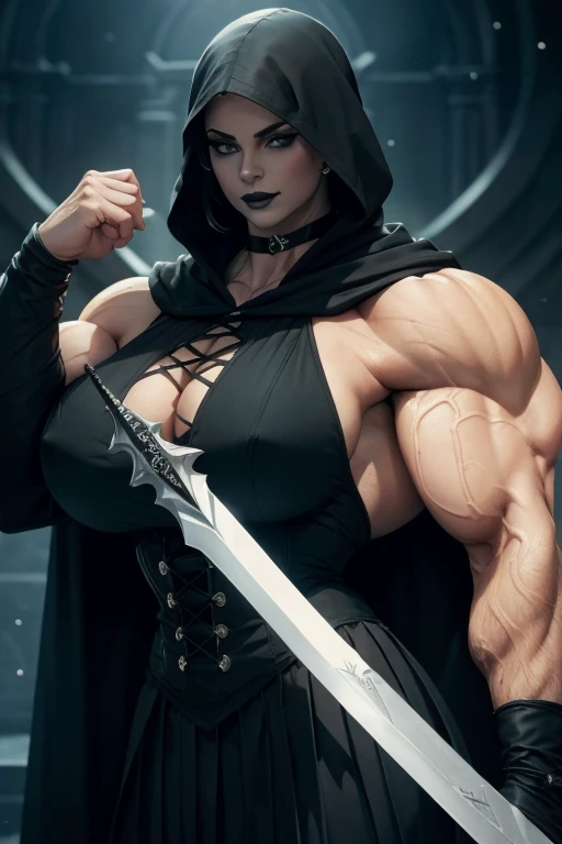 ((Close-up)), tall, (orange hair) beautiful muscular woman, long shaggy hair, pale white skinned, closed smile, big breast, (black lipstick), ((massive muscles)), (hyper muscle), ((ginormous bulky muscles)), glowing green eyes, ((black hooded coat with a long pleated skirt)), (black corset), (long pleated skirt), (carrying a giant magic sword), choker, thigh high boots, (Dark and moody universe:1.3)