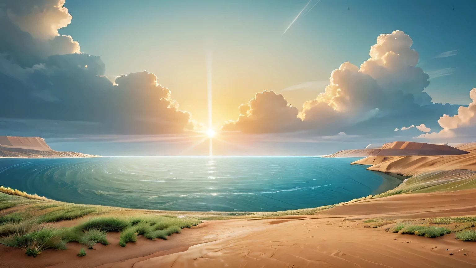 Create an image depicting the third day of creation from the Bible. The scene shows God's command: "Let the waters under the heavens be gathered together into one place, and let the dry land appear." The image features a dramatic separation of waters, forming oceans and seas, with emerging dry land in the middle. The sky above is clear and expansive, symbolizing the heavens. The dry land is lush and fertile, ready for the next steps of creation. The lighting is divine and radiant, highlighting the transformation and the power of God's words.