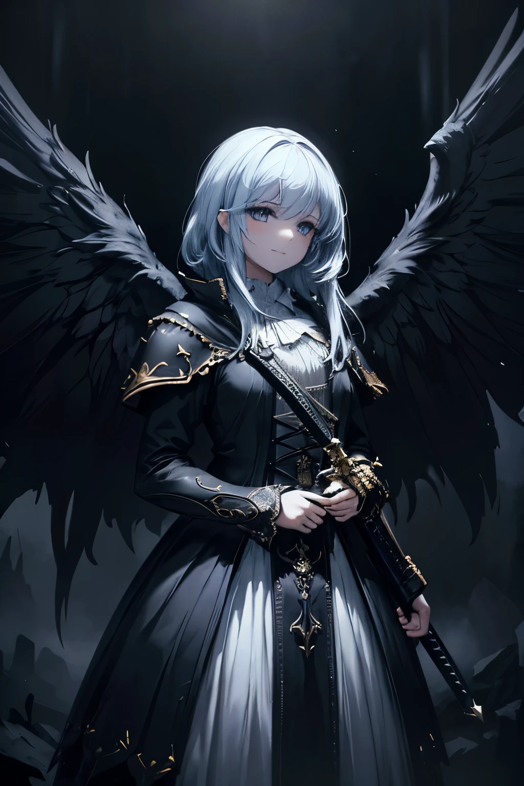 a young girl with a gentle, kind expression, smiling, holding a sword, with angelic wings, dark corruption, dark fantasy, dark magic, dramatic lighting, digital painting, cinematic, intricate details, award winning, highly detailed, masterpiece, 8k, hyperrealistic, volumetric lighting, chiaroscuro, moody atmosphere, dramatic contrast