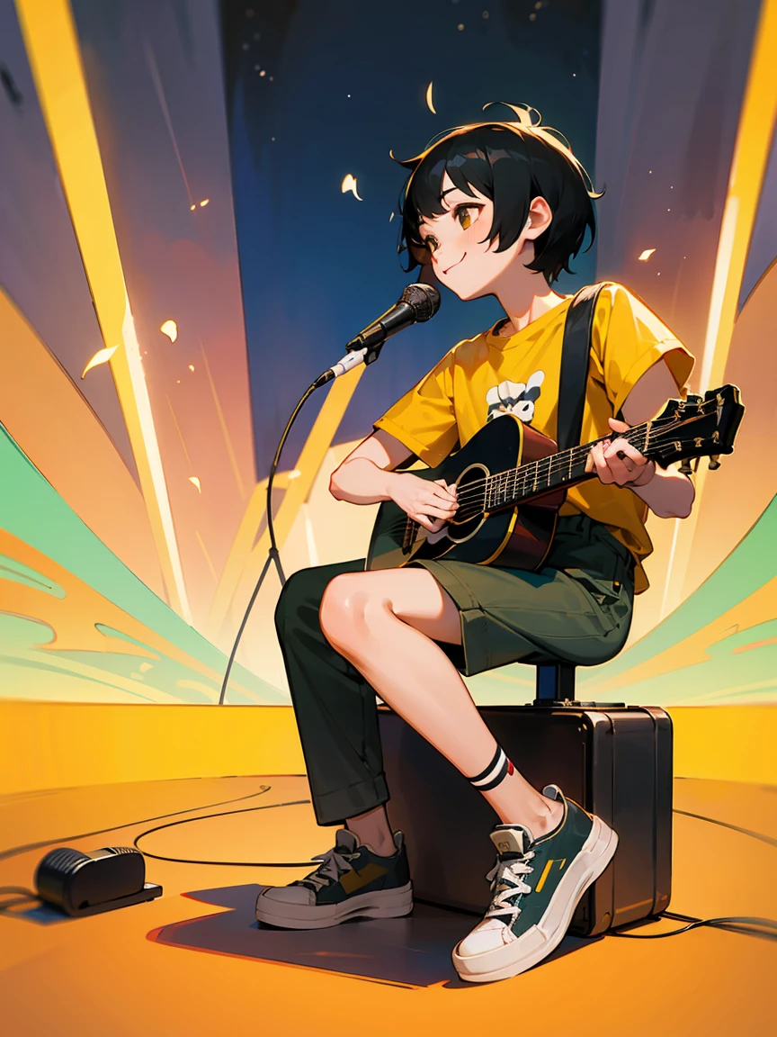 Highest quality、An illustration、boy、One person、whole body、boyish、smile、Sing a song、Short Hair、Black Hair、Yellow T-shirt、Black bottom、White sneakers、Acoustic guitar、Facing forward、