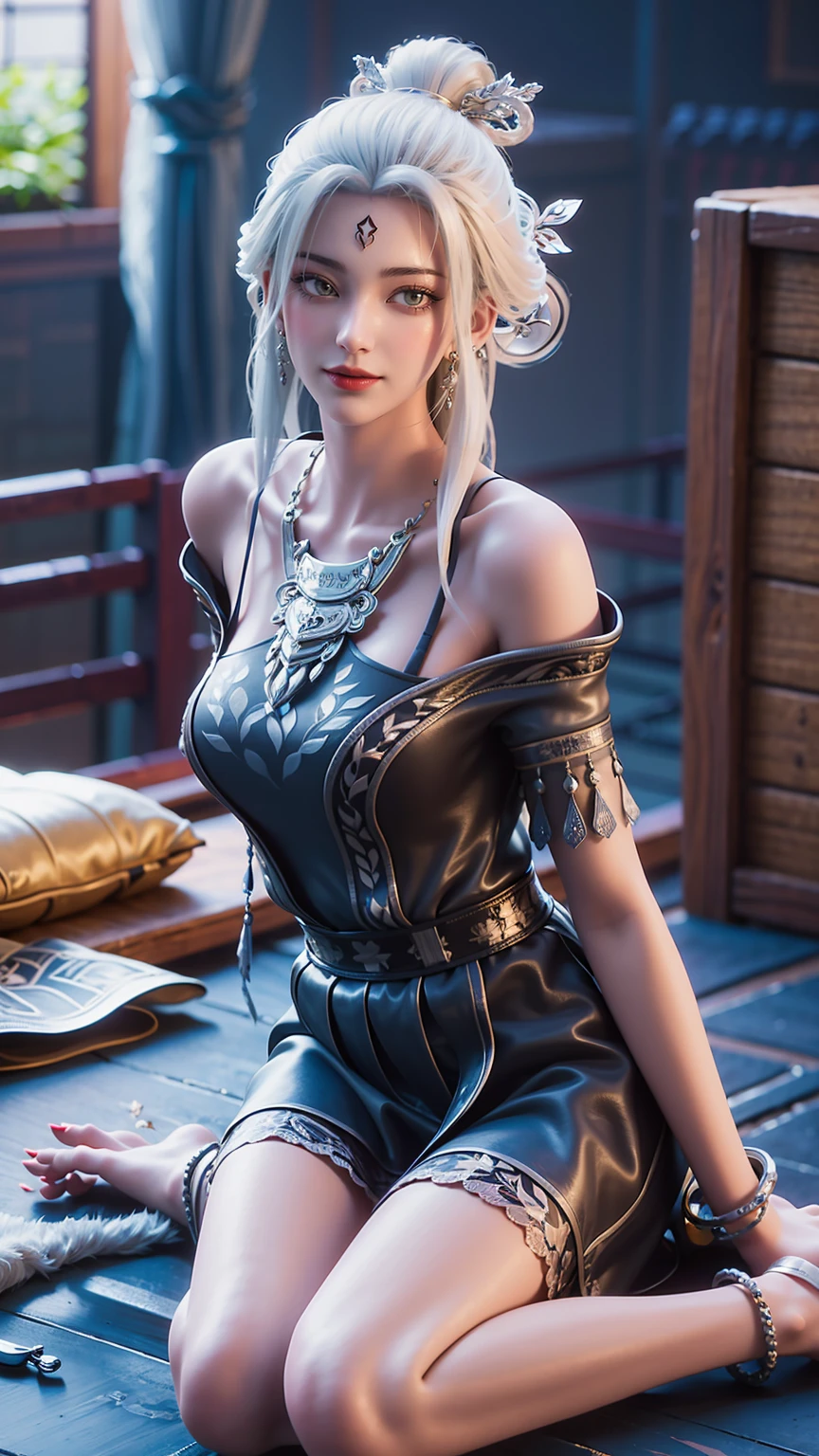best quality,masterpiece,The Ultimate Solution,Fluffy,Extremely colorful,Mature beautiful woman,(Dress school uniform),Lace skirt,(Beautiful woman beheaded),Normal posture,(Kneeling),Kneeling on the bed,shackles,Beheading,collar,White stockings ,barefoot,Normal posture