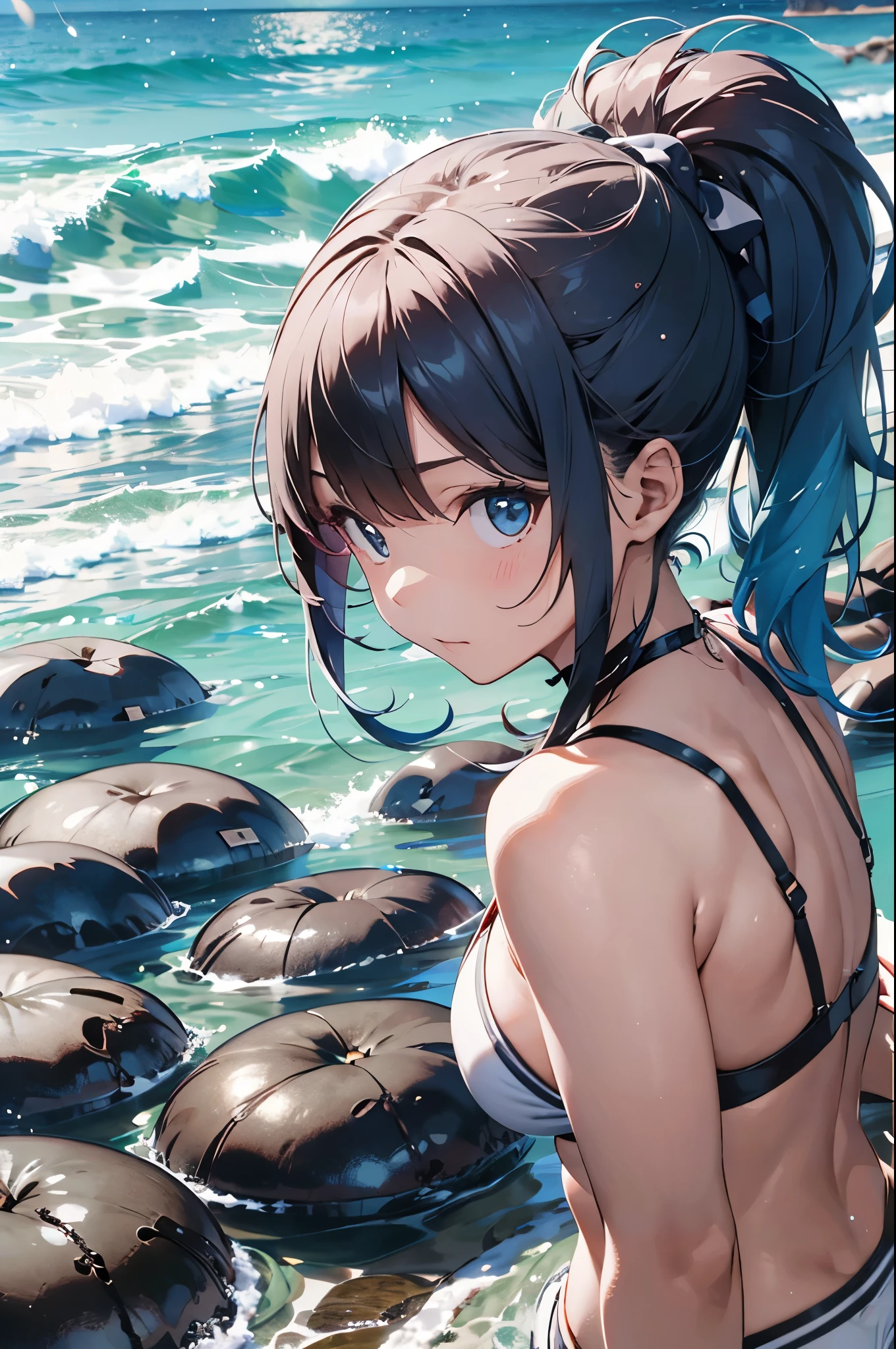 High resolution,topless、
One beautiful young woman,Light blue hair、ponytail、
(Soft Saturation:1.3), (Fair skin:1.2),
(ultra-Detailed Background, Detailed Background), Bokeh,
break'Portrait of a smiling girl.,
When viewed from the front, The composition is symmetrical,
Looking straight at you with serious eyes,
break Swimwear, White Bikini, Center of chest,
Outdoor, Sea surface, null, sunlight,Summer beach, Sandy Beach,
Strong light, Front lighting,
(Teen:1.3), (Cowboy Shot:1.2),
Front brake angle,
View your viewers,
Dynamic pose,
sitting on the beach
Seaweed、Seaweed、Seaweed、Seaweed、Seaweed、Seaweed、Seaweed、